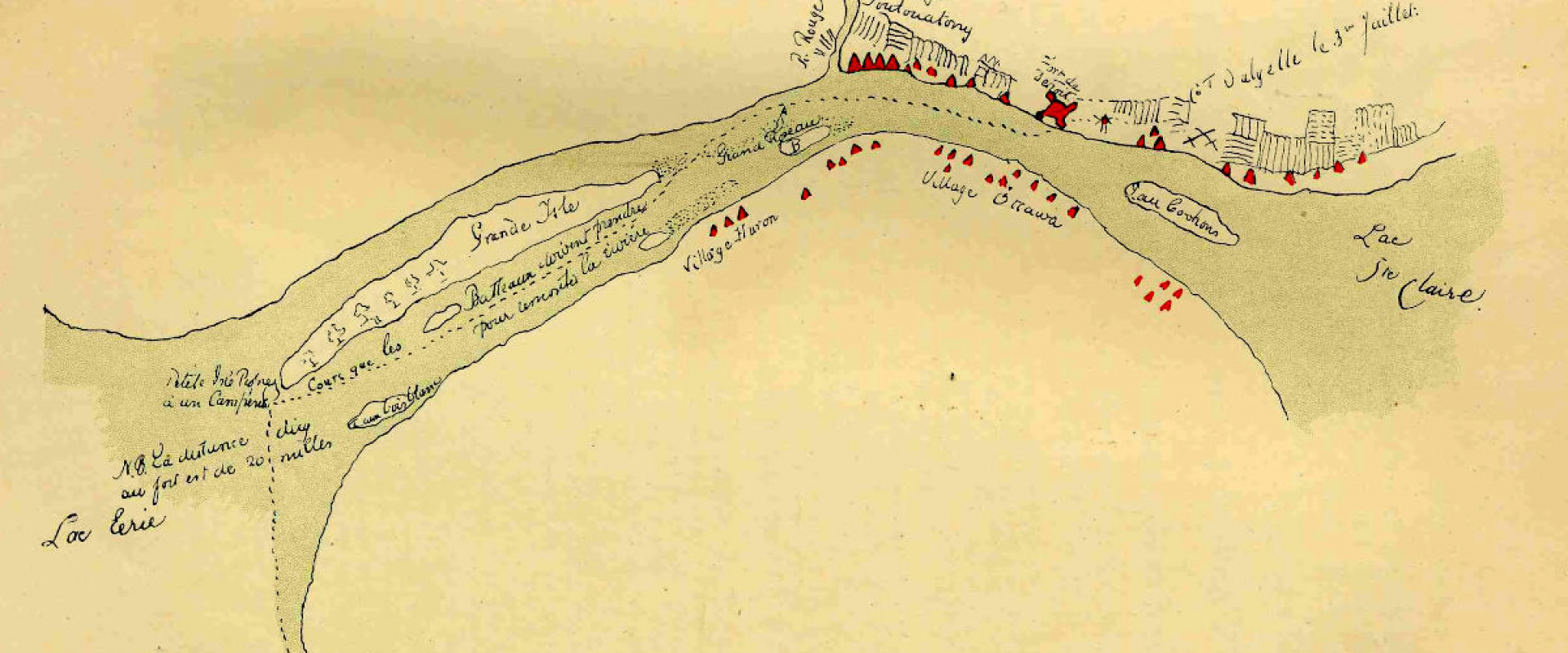 Map of the Detroit River outlining First Nations settlements. 