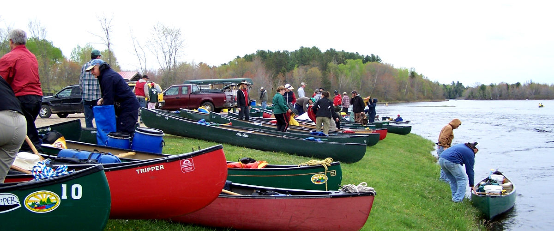 Canoes are lined up at aSt. Croix River launch to be loaded up with equipment. 