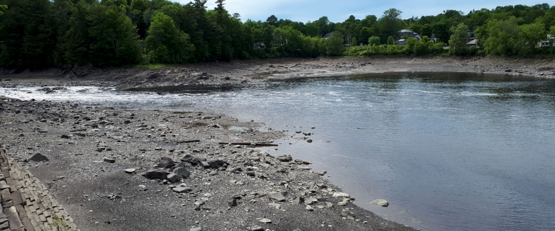 A muddy bank with rocks scattered across it leads into the St. Croix River with green trees on the other side. 
