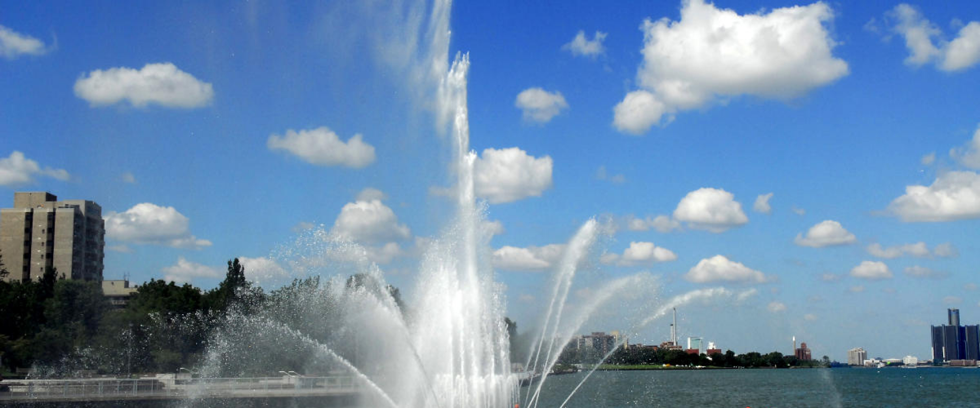 The Peace Fountain floats on the Detroit River, propeling water up to 70 feet in the air.