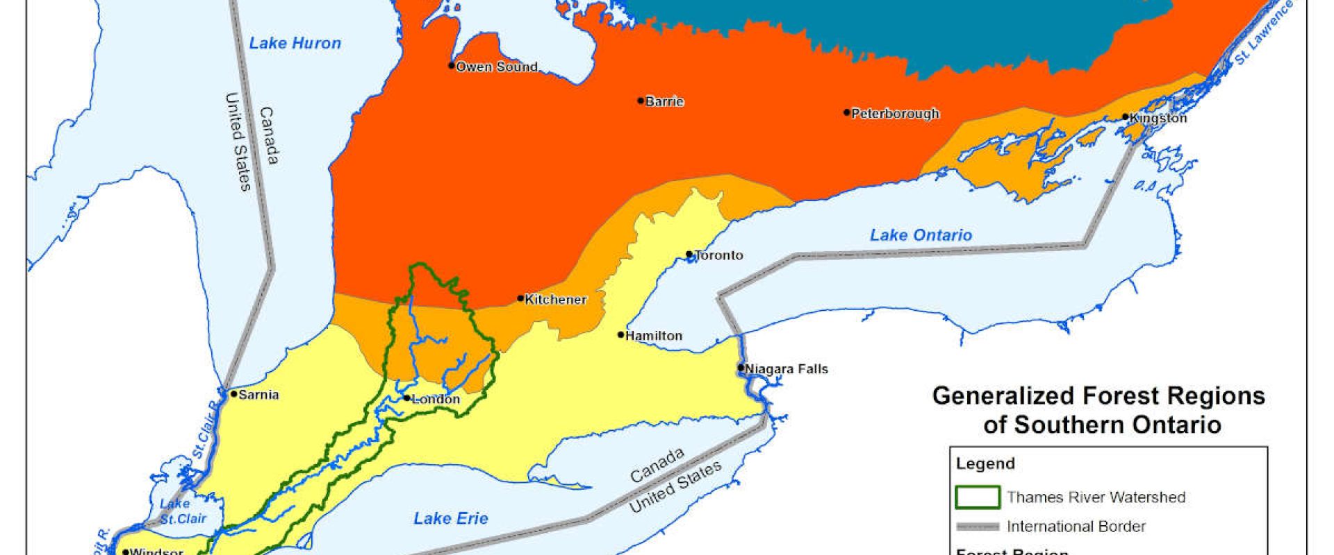 Colourful map of Ontario's forest regions with the Carolinian Life Zone occupying the most southerly extent.