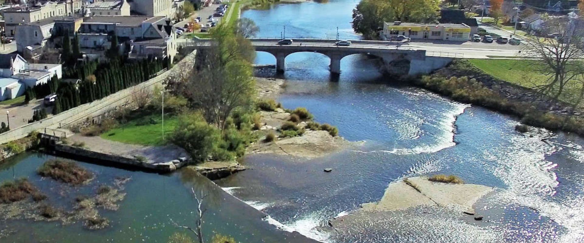 An aerial photo of St. Marys Little Falls on the North Thames River.