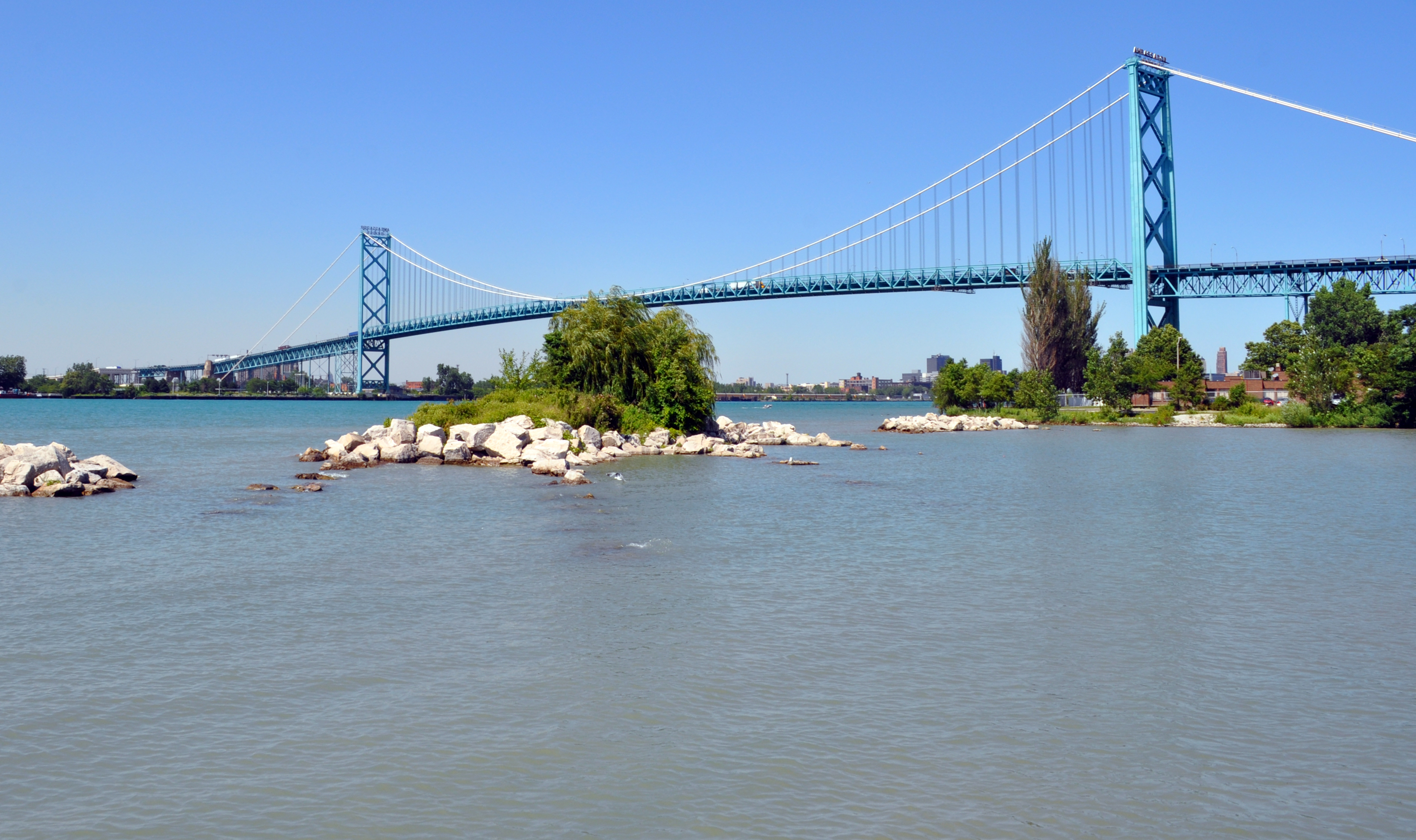 The Detroit River is the busiest international crossing point in North America. The Ambassador Bridge is one of the sturgeon spawning reef habitat projects. Photo: Essex Region Conservation Authority