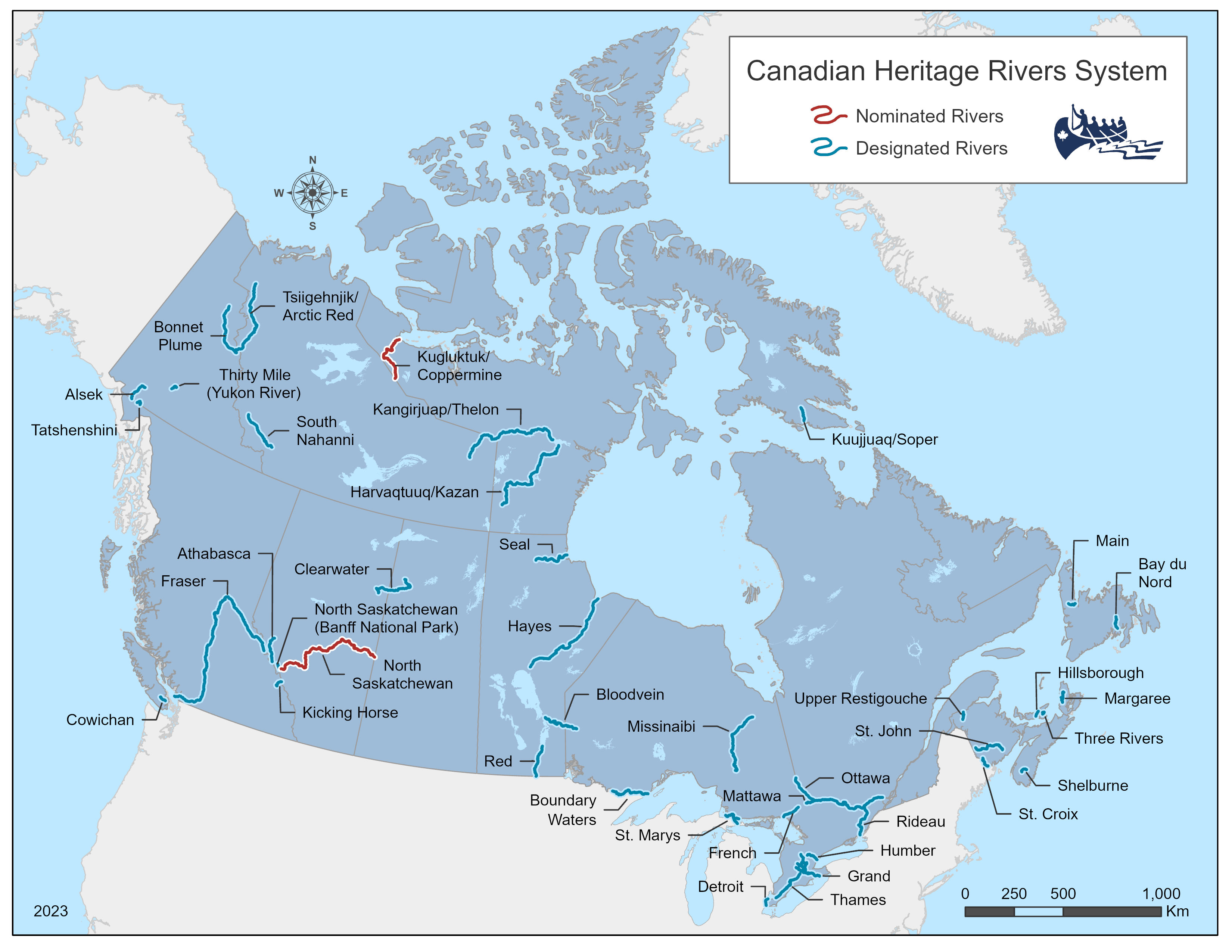 Map of Canada with red lines indicating nominated rivers and blue lines indicating designated rivers