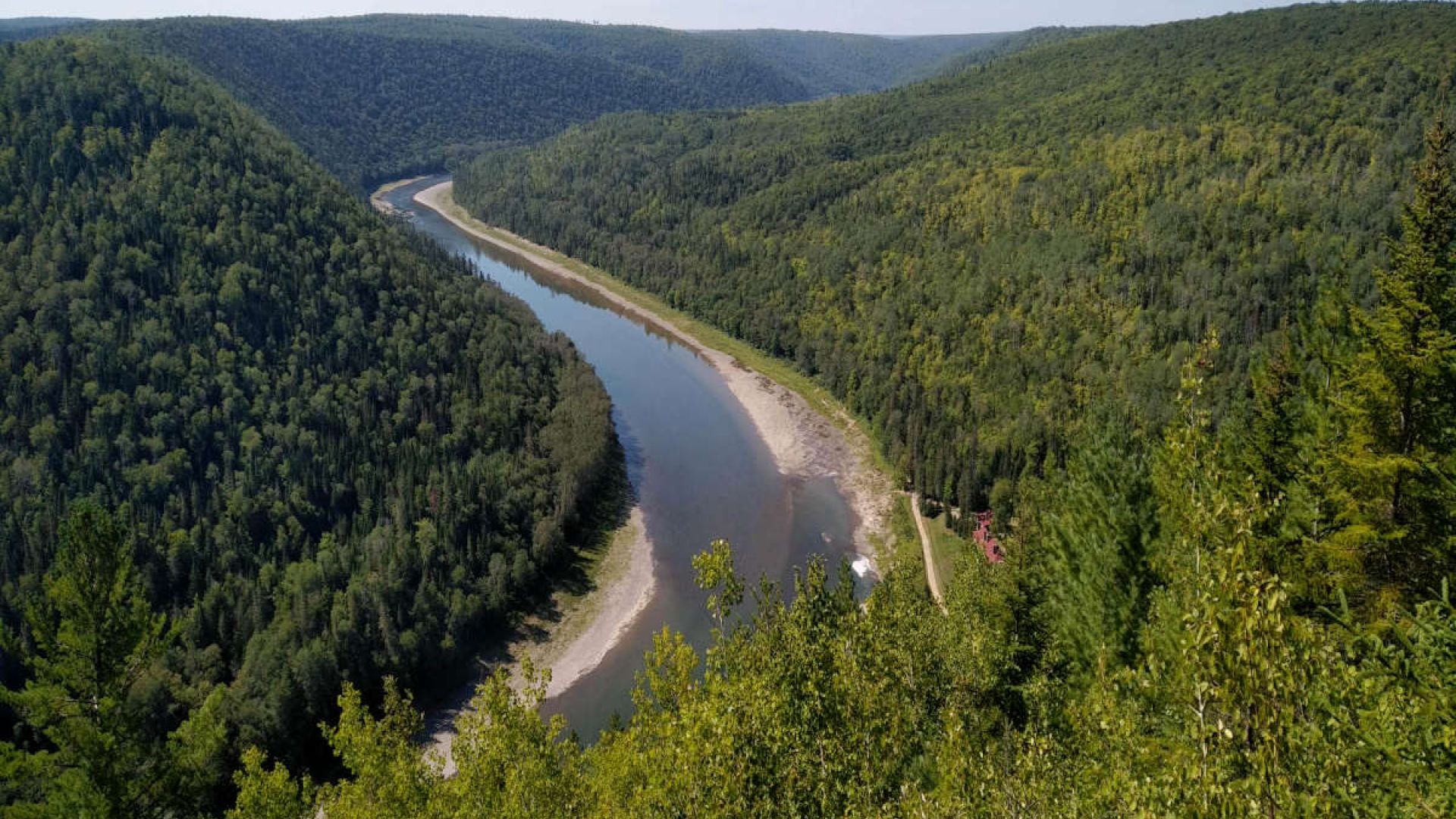 Vue de la rivière Restigouche et d’une magnifique forêt acadienne du belvédère Horizon de Rêve à Saint-Alexis de Matapédia.