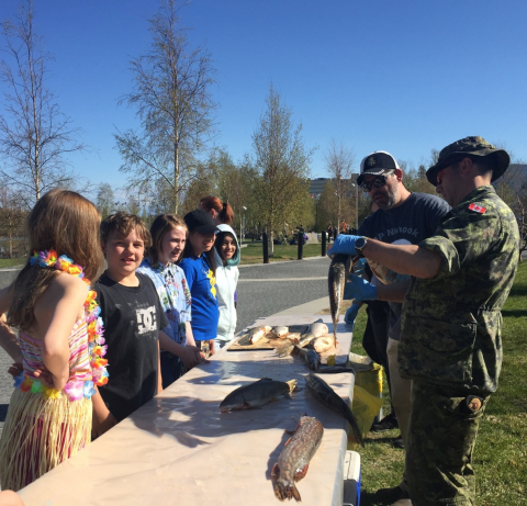Des enfants se sont informés sur la biologie des poissons en procédant à une dissection à l’occasion de la Journée des rivières et des océans, qui a eu lieu le 11 juin, à Yellowknife.   Photo : gouvernement des Territoires du Nord-Ouest
