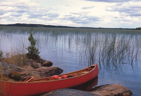 In the foreground, a red canoe sits along the rocky shoreline of Hairy Lake. Many reeds and bulrushes are visible on the lake.
