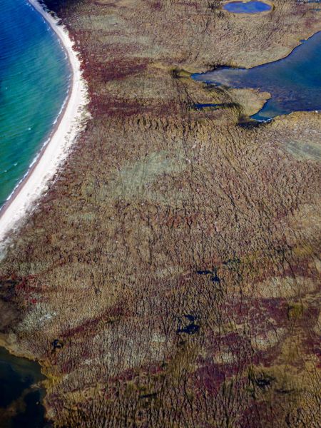 An aerial photo of the land adjacent to the Kazan River with small ponds and overlapping caribou trails that are part of the Fall Caribou Crossing National Historic Site. 