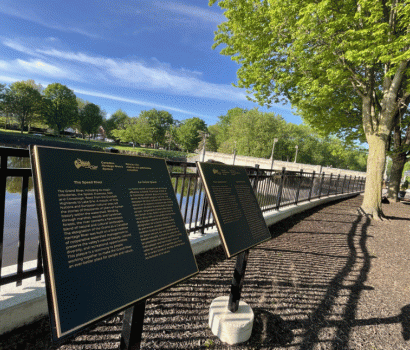 New plaques honouring the Speed River, a tributary of the Grand River, written in English, French, Anishinaabe, and Mohawk.
