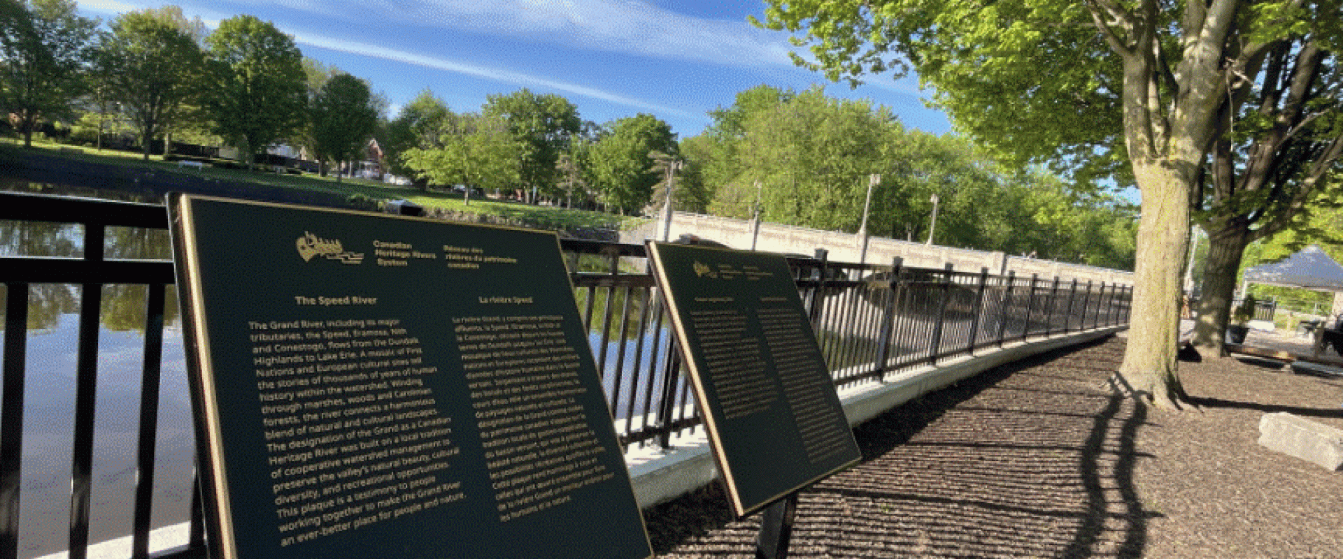 New plaques honouring the Speed River, a tributary of the Grand River, written in English, French, Anishinaabe, and Mohawk.
